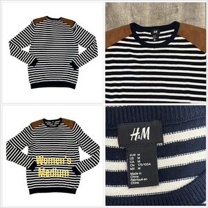 Women’s H&M Medium Sweater Crewneck Navy Blue White Brown Shoulder Pullover Soft